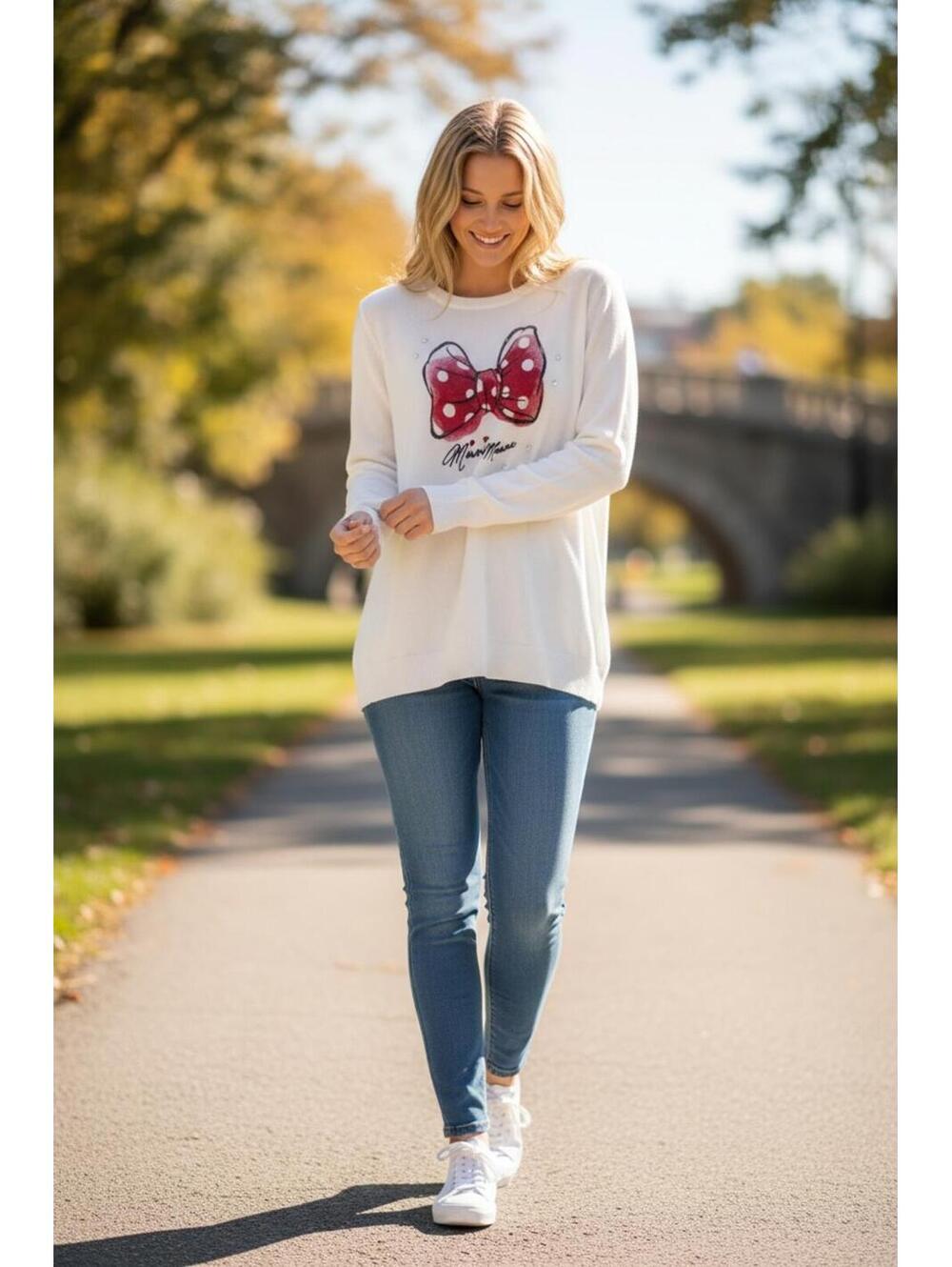 Disney Minnie Mouse White Sweater with Red Bow Detail